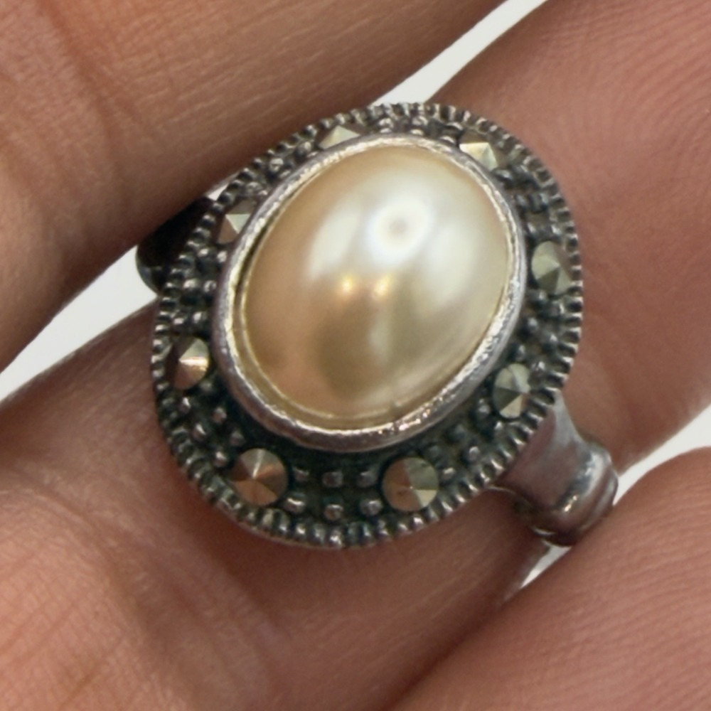 Vtg TM Sterling Silver Art Deco Style Ring Marcasite Faux Mabe Pearl Sz 6.5